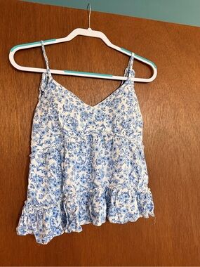 Almost Famous White & Blue Floral Tiered Cami